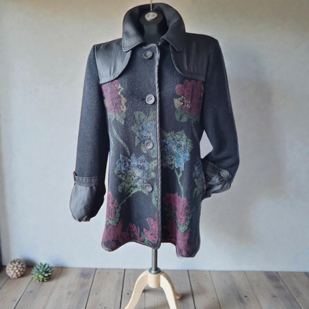 Adam Jacobs Vintage Lightweight Floral Lined Satin Trim Sweater Jacket Size M